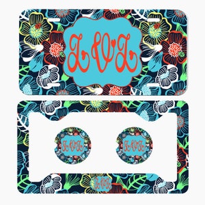 Floral Personalized License Frame Car Coasters License Plate Car Tag Set Monogram License Plate Accessories