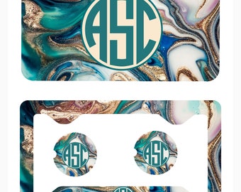 Marble Modern Art,Marble Monogrammed,Colored Marble Design, Front License Plate , Rear Frame, Car Coasters  Key Chain Set,