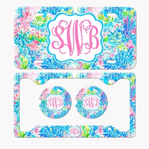 Floral Personalized License Frame Car Coasters License Plate Car Tag Set Monogram License Plate Accessories