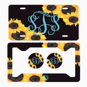 Sunflower Black Wood Personalized Vine Monogram , Black background , License Plate, Car Accessories License Frame,Car Coasters.