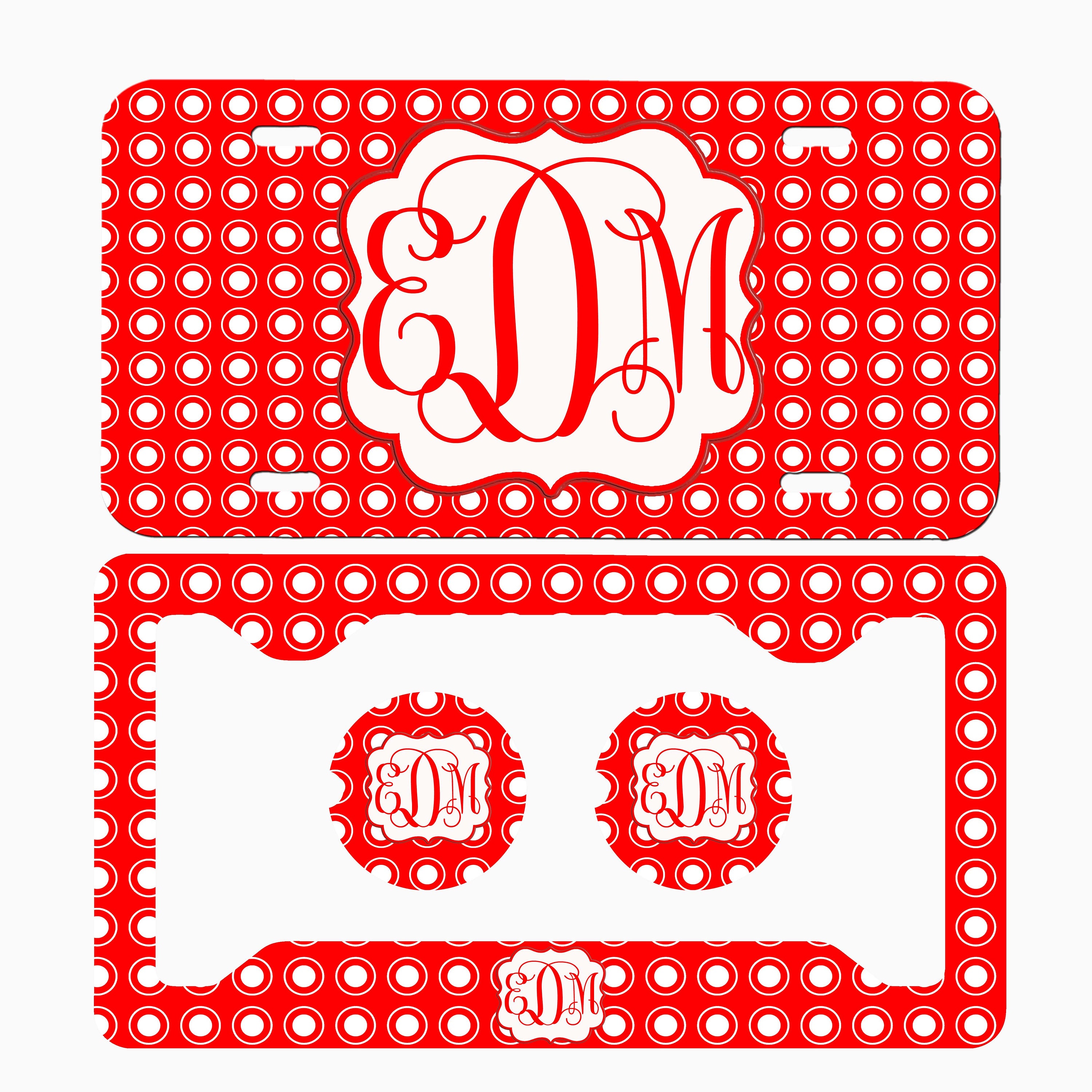 Red White Polka Dot Personalized License Frame Car Coasters License Plate Car Tag set Monogram License Plate - Plate and accessories