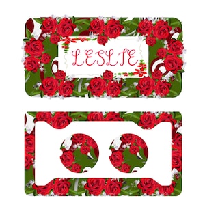 Red Roses License Plate ,Red Monogram, Flowers ,Personalized License Plate Frame, Monogram Car Coasters