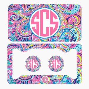 Posavasos para matrícula delantera de coche, marco, llavero, placa de matrícula con monograma, placa personalizada y accesorios, azul, rosa, amarillo, colores variados