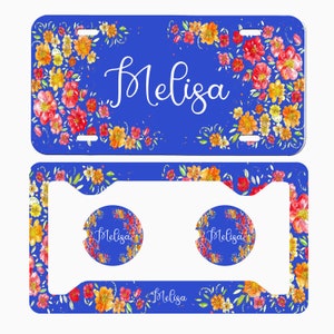 Floral Personalized License Frame Car Coasters License Plate Car Tag Set Monogram License Plate Accessories