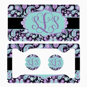 Purple ,Blue Color Personalized License Plate,Vine Monogram, Custom License Plate Car Accessories License Frame,Car Coasters.