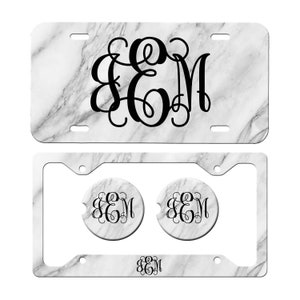 White Marble License Plate-Monogram Car Tag, Front License Plate Personalized Plate,Car Coaster,White Monogram Marble Design, Key Chain Set,