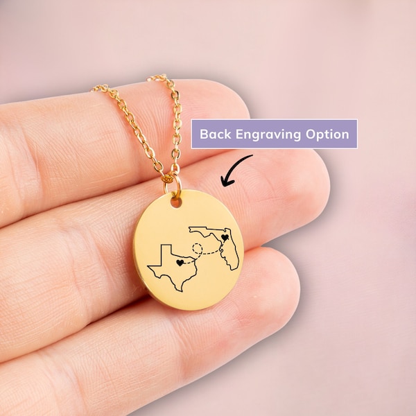 Personalized long distance relationship necklace with custom engraved state or country map,going away  Jewelry gift for girlfriend,love gift