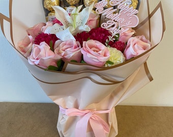 Large Ferrero Rocher Chocolate & Silk Flowers Mother’s Day Hand-Tied Bouquet Gift.