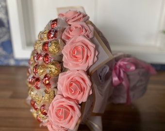 Large Ferrero Rocher Lindt Lindor Chocolate & Flowers Hand-Tied Bouquet Gift.