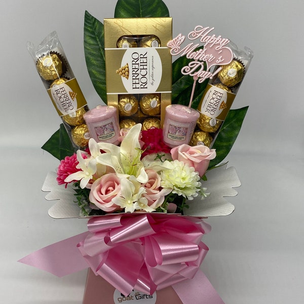 Chocolate Bouquet Mother’s Day Ferrero Rocher Stunning Silk Flowers Yankee Candle Hamper Gift