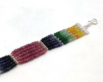 AAA Quality Natural Multi Sapphire Bracelet With 925 Sterling Silver Balls And Lock, Multi Sapphire 3/4/5 Strands Bracelets With 925 Silver
