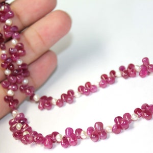 AAA Quality Natural Plain Pear Shape Ruby Gemstone And Plain Rondelle Natural Pearl Gemstone Necklace, Necklace for Women.16.5 Inch Necklace