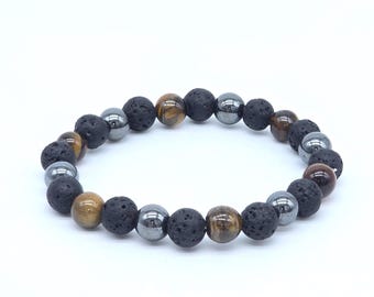 Triple Protection Bracelet | Lava Stone Tiger Eye Hematite | Handmade Stretch Bracelet | Grounding Crystal Jewelry