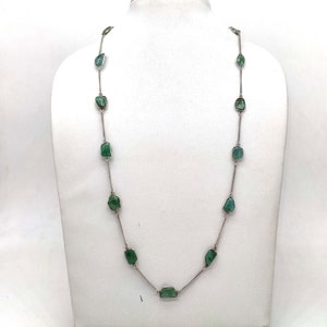 AAA Quality Natural Plain Tumbled Shape Emerald Gemstone Beaded Necklace In Silver Chain, Emerald Necklace, 23 Inch Necklace