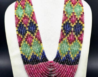 Multi Sapphire Geometric Diamond Pattern Necklace With Tassel Cord, 28 Inch