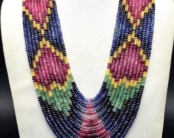AAA Natural Faceted Multi Sapphire Heart Pattern Beaded 11 Strand Necklace With Adjustable Tassel Cord, 19 Inch Long