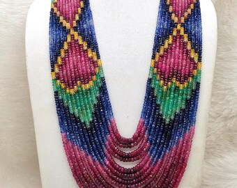 Natural Faceted Multi Sapphire New Heart Pattern Beaded Necklace With Adjustable Tassel Cord, Multi Sapphire,13 Strand Necklace,28 Inch Long