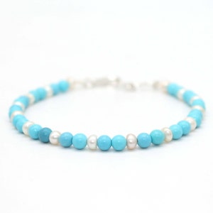 AAA Quality Rondelle Turquoise & Pearl Bracelets, Plain Rondelle Turquoise And Pearl, Turquoise And Pearl Bracelet, 8.5 Inch