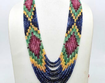 AAA Natural Faceted Multi Sapphire Color Necklace With Adjustable Tassel Cord,Multi Rainbow Necklace,Faceted Bead,9 Strand Necklace,21 Inch