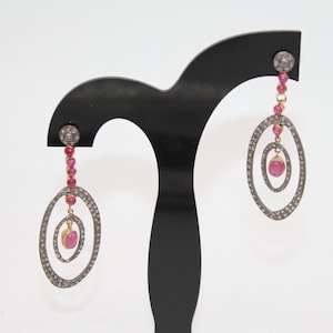 AAA Quality Handmade Natural Ruby And Diamond Drop Earring In 925 Sterling Silver, Sterling Silver Drop Earring, 5 mm X 19.5 mm Drop Earring