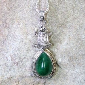 Sterling Silver Pendant With Natural Emerald And Natural Diamond&#39;s | 925 Sterling Silver, Animal Shape Pendant, Frog Pendant, 16mmX40mm long