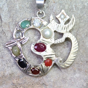 925 Sterling Silver OM Pendant,Nine Gems Pendant, Navaratna OM Silver Pendant / Navaratna Gemstone Pendant /Pendant For Men And Women