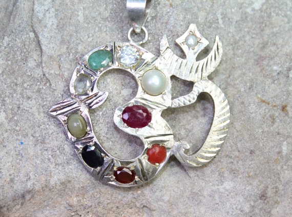 925 Sterling Silver OM Pendant nine Gems Pendant Navaratna OM Silver Pendant Navaratna Gemstone Pendant pendant for Men and Women Etsy
