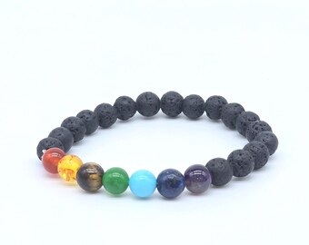 7 Chakra Lava Stone Bracelet | Natural Gemstone Stretch Bracelet | Essential Oil Diffuser | Reiki Yoga Meditation Jewelry