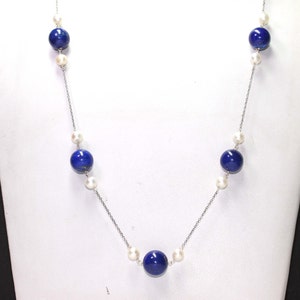 AAA Quality Natural Long Lapis Lazuli And Pearl Beaded Necklace In Natural Silver Chain,Long Pearl Necklace, Lapiz Lazuli Necklace