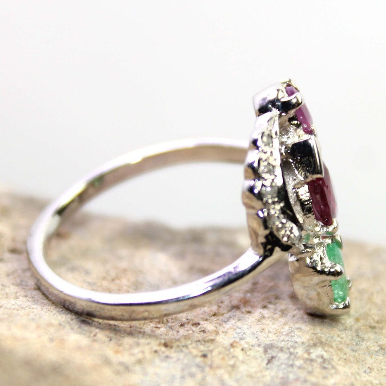 Sterling Silver Engagement Rings,Diamond Ring,925 Sterling Silver,Emerald and Ruby Ring With Diamonds Natural Emerald /& Ruby Ring