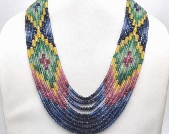 AAA Natural Faceted Multi Sapphire Color Necklace With Adjustable Tassel Cord,Multi Rainbow Necklace,Faceted Bead,9 Strand Necklace,21 Inch
