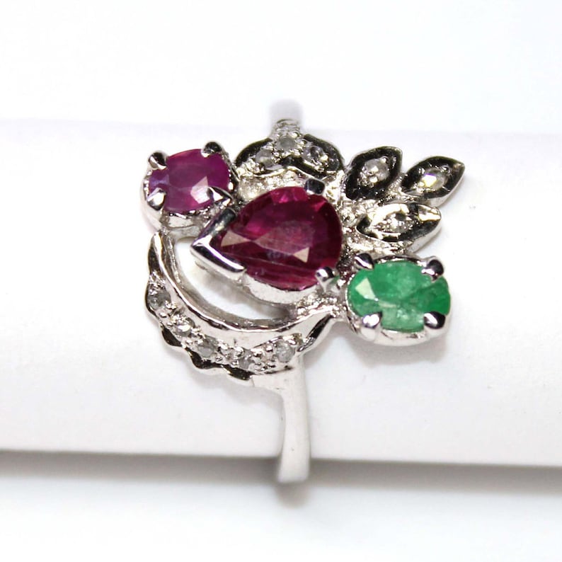 Sterling Silver Engagement Rings,Diamond Ring,925 Sterling Silver,Emerald and Ruby Ring With Diamonds Natural Emerald /& Ruby Ring