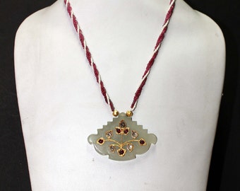 AAA Natural Ruby and Natural Pearl Gemstone Twisted Necklace,And Natural Gold Work With Natural Diamond And Ruby on Jade Stone, 17 Inch Long
