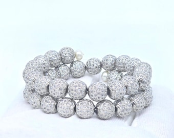 American Diamond in Silver Ball Bangle with Pearls on both end, Adjustable Bangle Bracelet