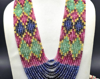 Multi Sapphire Geometric Diamond Pattern Necklace With Tassel Cord, 28 Inch