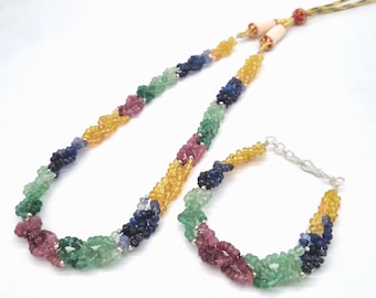 Multi Sapphire Color Necklace and Bracelet With 925 Sterling Silver Balls And Lock, Multi Sapphire Jewelry With 925 Silver, 8 Inch Bracelet
