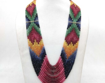 AAA Natural Faceted Multi Sapphire Heart Pattern Beaded Necklace With Adjustable Tassel Cord, Multi Sapphire,11 Strand Necklace,22 Inch Long