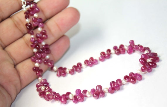 AAA Quality Natural Plain Pear Shape Ruby Gemstone And Plain Rondelle Natural Pearl Gemstone Necklace, Necklace for Women.16.5 Inch Necklace