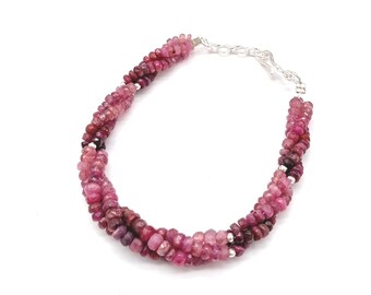 Natural Ruby Machine Twisted Necklace and Bracelet set With 925 Sterling Silver Balls And Lock, RubyJewelry With 925 Silver, 8 Inch Bracelet