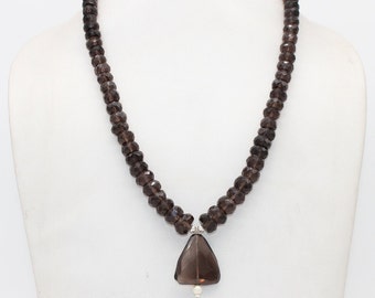 AAA Quality Natural Faceted Smoky Necklace With Smoky Pendant And Pearl With It, Smoky Pendant, Smoky Necklace, 18 Inch long, With GS Lock