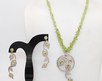 Top Quality  925 Sterling Silver Necklace Set With Natural Diamonds And Peridot In It With Its Earrings,Peridot Necklace, 18 inch necklace