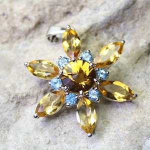 Sterling Silver Pendant With Natural Citrine And Blue Topaz Gemstone,Citrine Pendant,BT Pendant| 925 Sterling Silver Pendants,31mmX31mm long