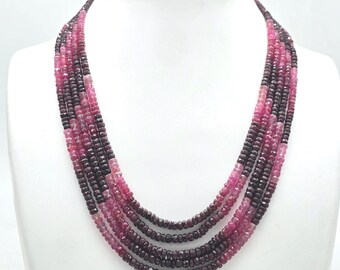 Faceted Ruby Sapphire Pearl 5 Strand Necklace, Adjustable Tassel Cord, 18 Inch