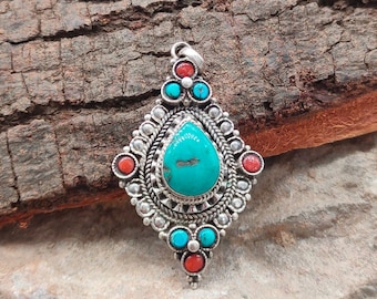 925 Sterling Silver Different Pattern Pendant With Natural Turquoise And Natural Coral Gemstone,Natural Precious Gemstones, Sterling Silver