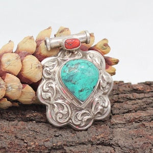 925 Sterling Silver Pendant With Natural Turquoise And Coral Gemstone,Cabochon Turquoise, Sterling Silver, 49mm X 60mm Long, Valentine Gift