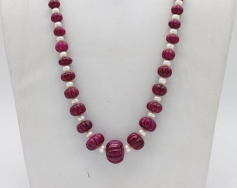 AAA Qualité Melon Naturel Forme Rubis Et Collier De Perles Naturelles, Bijoux Rubis, Moti Mala, Collier Rubis, Collier Avec Serrure En Argent