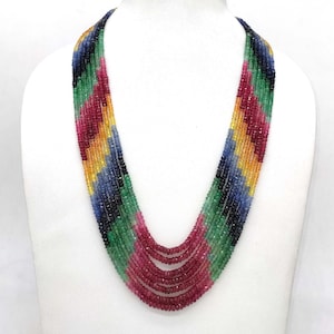 Collier de perles multi-saphirs naturels AAA à facettes avec cordon de pampilles réglable, collier multi-arcs-en-ciel, perle à facettes, collier 3,5 et 7 rangs