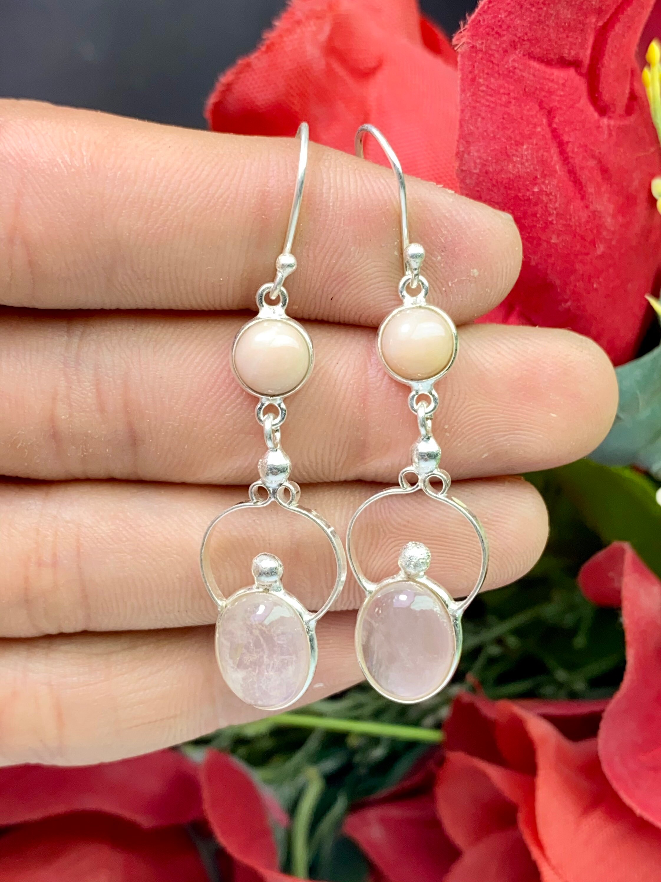 Natural Pink Opal and Rose Quartz Earring 925 Sterling Silver Etsy UK