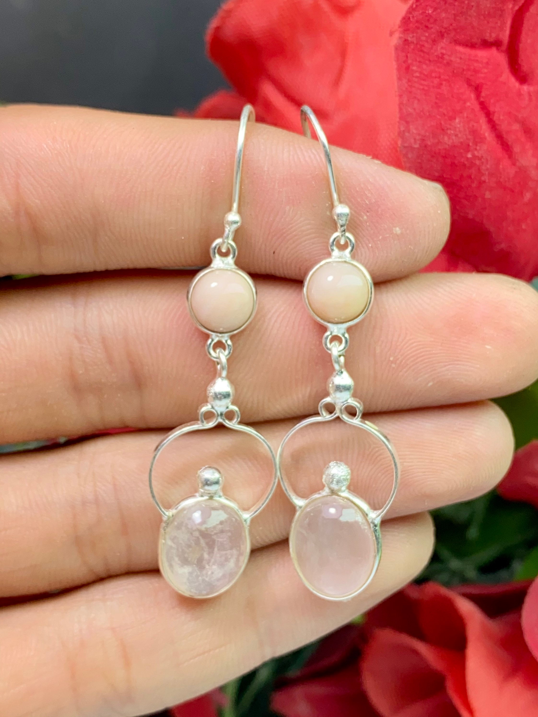 Natural Pink Opal and Rose Quartz Earring 925 Sterling Silver Etsy UK