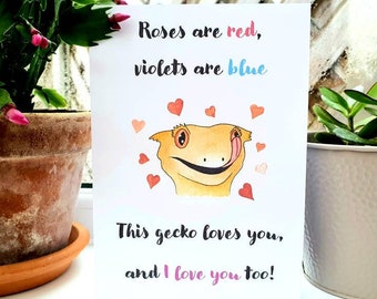 Crested Gecko Valentines Anniversary Card, Crested Gecko Gift, Crested Gecko Decor, Reptile Valentine, Reptile Gifts, Crested Gecko Art